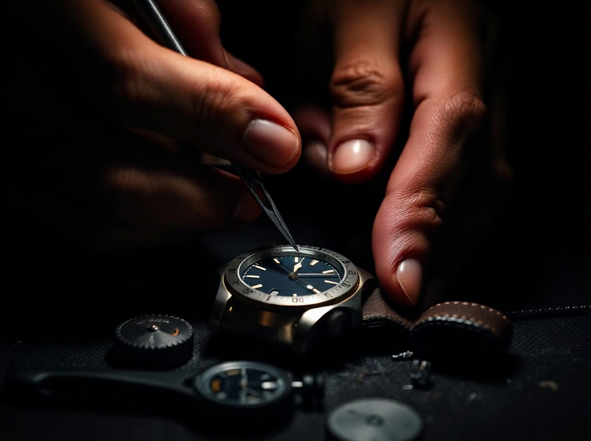 Watchmaker carefully working on a watch dial